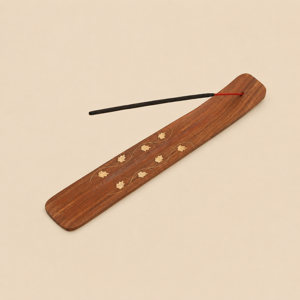 Wooden Floral Brass Inlay Incense Stick Holder