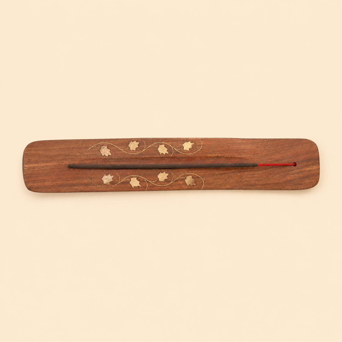 Wooden Floral Brass Inlay Incense Stick Holder