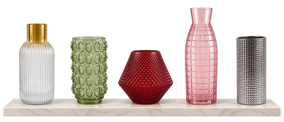 Decorative glass vases displayed on a shelf